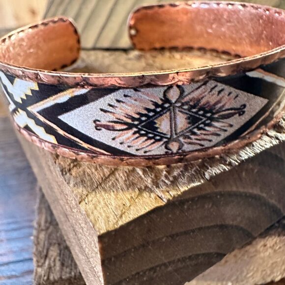 Handmade Boho Native American Navajo Copper Narrow Cuff Bracelet, Navy Yellow, - Picture 7 of 11